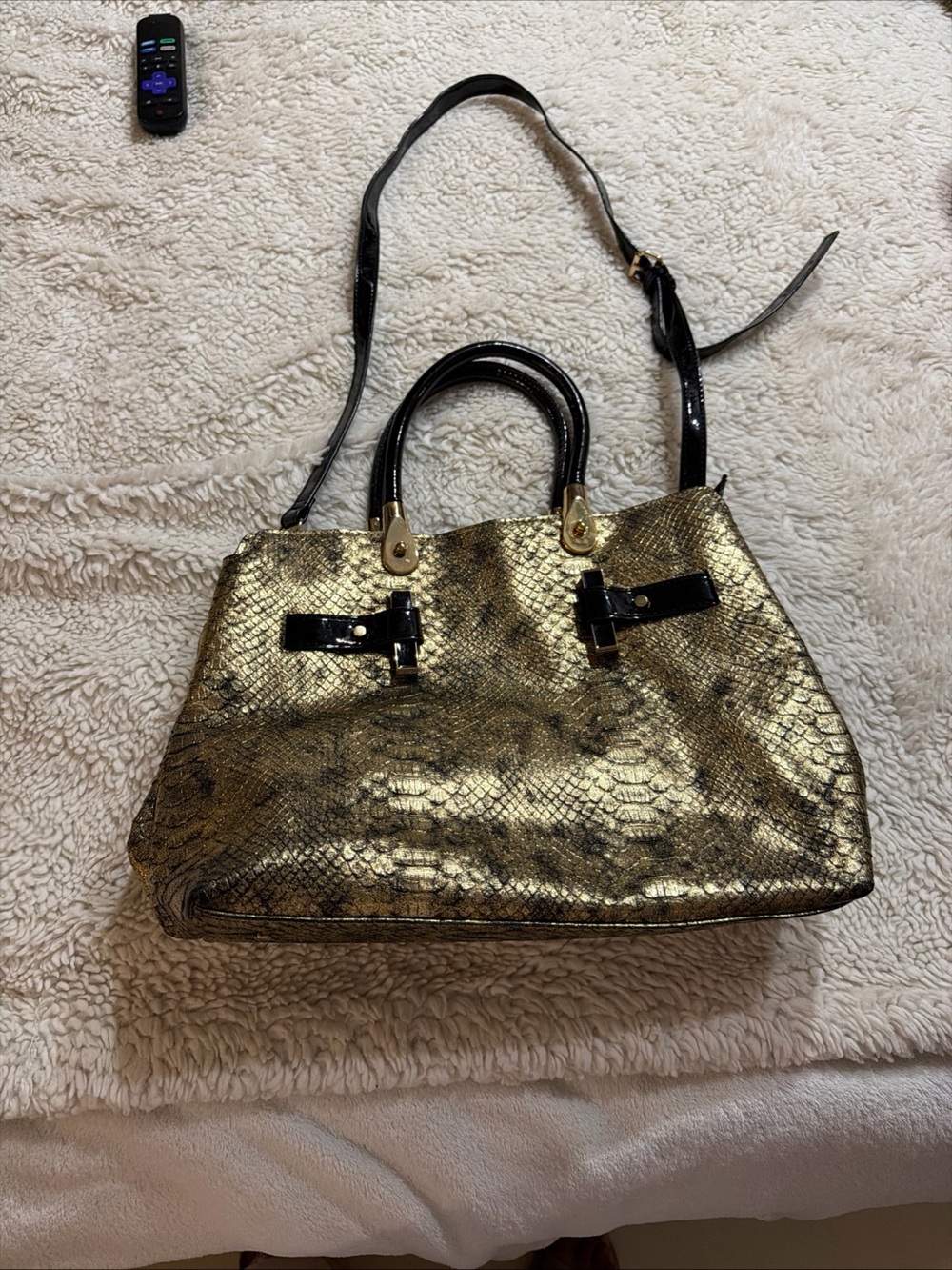 Gianni Bini Gold Snake-Texture Satchel Handbag with Black Accents